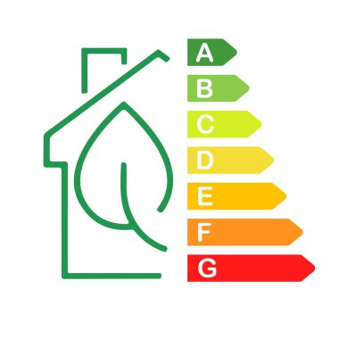 Arka planda izole edilmiş ev enerjisi verimlilik derecesi vektör ilüstrasyonu. 