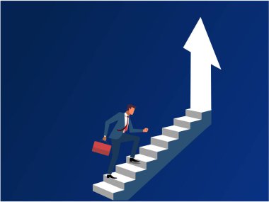 Büyüme konsepti illüstrasyonuna adımlar. Bir iş adamı silueti okla yukarı çıkan kapıdan geçerek başarıya giden yolu ve hedeflere ulaşmanın yolunu sembolize eder..