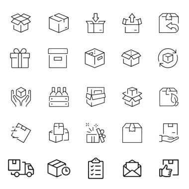 Teslimat kutuları ve paket, ince çizgi simgesi seti. Şeffaf arkaplanda sembol koleksiyonu. Teslimat servis simgesi seti. Vektör illüstrasyonu