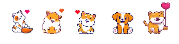 Kedi, pikseldeki köpek, izole edilmiş vektör. Şirin kawaii tarzı piksel kediler eski 8-bit oyun tarzında. Parmak izleri, simgeler, bulmacalar ve mozaik tasarımı için sevimli pikseller.