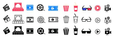 Sinema simgeleri vektör kümesi. Film, film, video, TV ve uygulamalar ve web siteleri için daha fazla simge. Sembol illüstrasyonu.