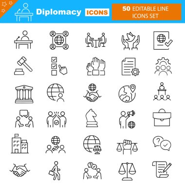 Set of 24 line diplomacy icons. Partners. Editable stroke. Vector illustration clipart