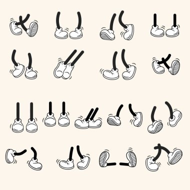 Çizgi film ayakkabıları. Ayrı ayakkabılar, adım hareketleri, 1920 'den 1950' lere kadar stil çizimleri..