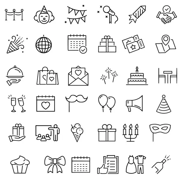 Etkinlik planlama web simgeleri hizada. Yiyecek içecekleri, çiçekler, spor biletleri, piknik çadırı. Vektör illüstratörü