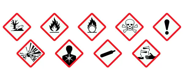 Küresel Uyumlu Sistem GHS Uyarı İşaretleri. Alev, gaz silindiri, kafatası ve çapraz kemikler, sağlık tehlikeleri, çevre, patlama, oksitleyiciler, aşınma, ünlem işareti, radyoaktif EPS10.