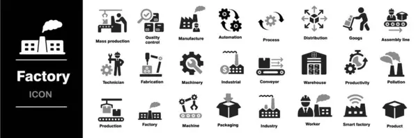 Fabrika ikonu seti. Endüstriyel üretim makinesi üretim deposu. 