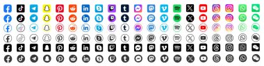 Sosyal medya simgesi seti veya sosyal ağ logoları, facebook, instagram, x, youtube