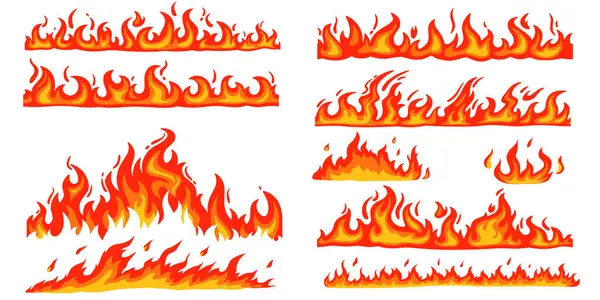 Çizgi film ateş sınırları, alev çerçevesi, yanan bölmeler, yanan flamalar, vahşi ateş kamp ateşi ve yanan elementler, yangın izleri ve yanıcı sınır izole vektörü..