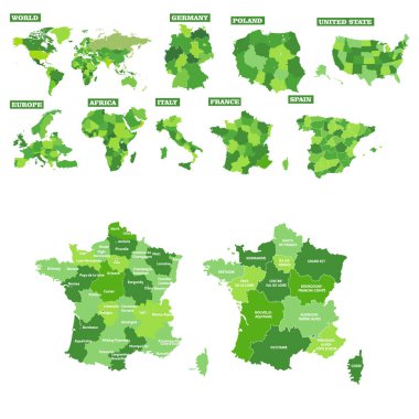 Fransa ve dünya haritası. Polonya Almanya İspanya ABD İtalya. 