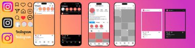 Instagram besleme çerçeve modelini akıllı telefonlu Iphone 15 profosyonel maksimum şablon tasarımı ile yükle - illüstrasyon vektörü Instagram maketi. Instagram ekranı sosyal medya ve sosyal ağ arayüzünü ayarla 
