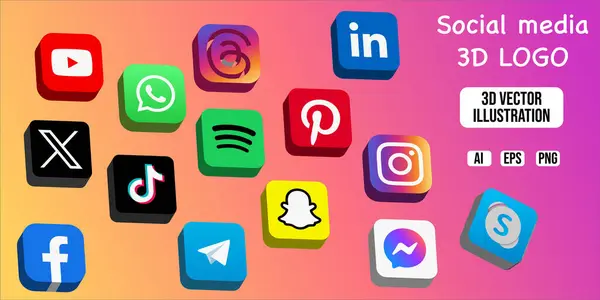 3D sosyal medya simgeleri düğmesi. Sosyal medya logosu. Vektör illüstrasyonu