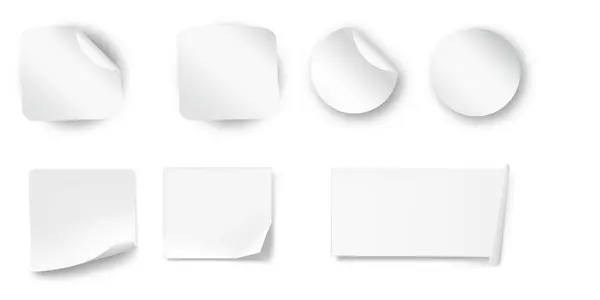 Kağıt yapıştırıcılar, yuvarlak kenarlı kare ve yuvarlak, yapıştırıcı. Beyaz etiketler, kenarları soyulmuş kağıt etiketler ve gölgeler. - Evet. Vektör illüstrasyonu