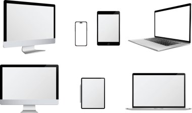 Set of mockup technology devices featuring computer, laptop, tablet, and mobile phone with empty displays, showcasing different models. Vector illustration