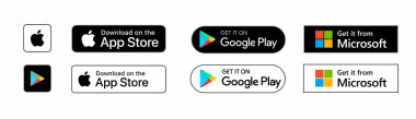 Apple App Store, Google Play, Microsoft Mağaza İndirme düğmeleri Şeffaf Arkaplanda. Vektör illüstrasyonu