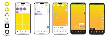 Snapchat kamera UI model şablonu. Snapchat AR lensleri, selfie filtreleri ve gerçek zamanlı yüz efektleri. Artırılmış gerçeklik ve sosyalleşme için Snapchat mobil uygulama düzeni