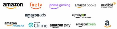 Prime, Fire TV ve Audible gibi çeşitli Amazon servislerinin logoları marka tanıma için birlikte sergilendi. Vektör illüstrasyonu