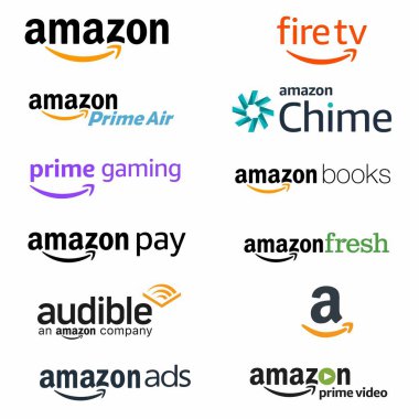 Prime, Fire TV ve Audible gibi çeşitli Amazon servislerinin logoları marka tanıma için birlikte sergilendi. Vektör illüstrasyonu