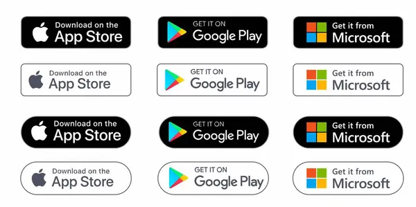 Apple App Store, Google Play, Microsoft Mağaza İndirme düğmeleri Şeffaf Arkaplanda. Vektör illüstrasyonu