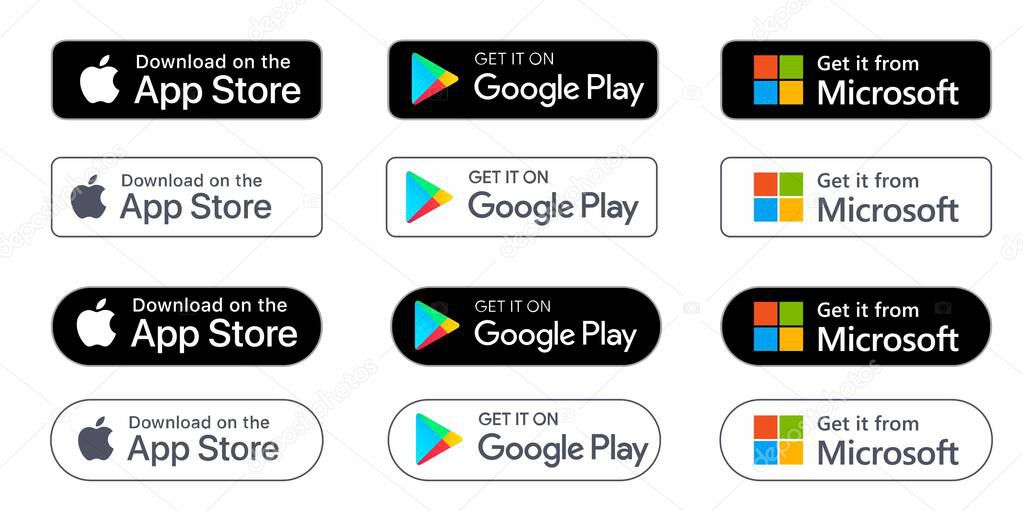 Apple App Store, Google Play, Microsoft Store Download Buttons Set on Transparent Background. Vector illustration