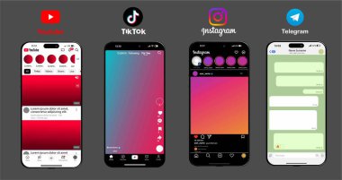Instagram, YouTube, TikTok, bilmem ne UI modeli 2025. Instagram, YouTube, TikTok video çerçevesi. VINNITSA, UKRAINE - Mayıs 2025