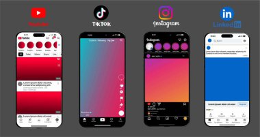 Instagram, YouTube, TikTok, bilmem ne UI modeli 2025. Instagram, YouTube, TikTok video çerçevesi. VINNITSA, UKRAINE - Mayıs 2025