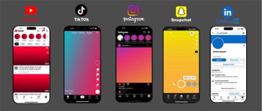 Instagram, YouTube, TikTok, Snapchat ve LinkedIn için UI modelleme 2025. Modern sosyal paylaşım için Instagram, YouTube Shorts, TikTok video düzeni, Snapchat kamera görüntüsü ve LinkedIn posta arayüzünü içerir