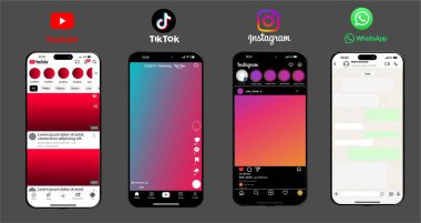 Instagram, YouTube, TikTok, bilmem ne UI modeli 2025. Instagram, YouTube, TikTok video çerçevesi. VINNITSA, UKRAINE - Mayıs 2025