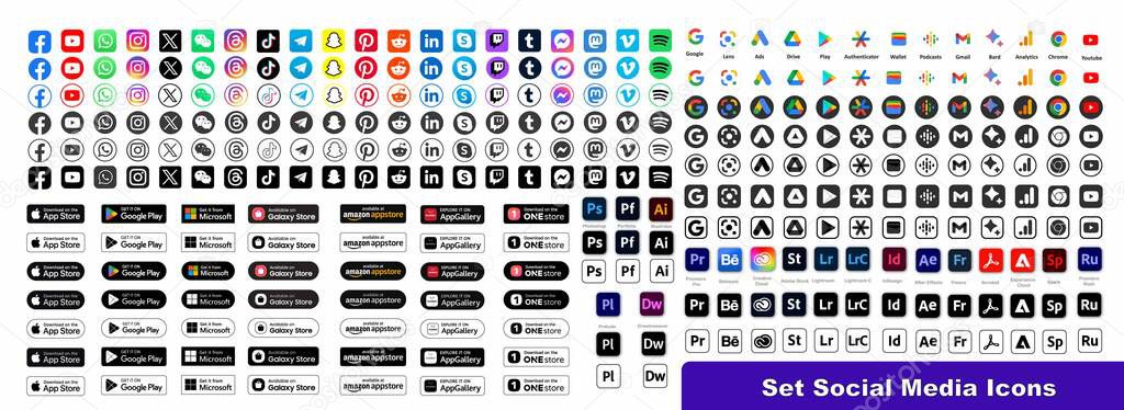 Modern social media icons collection with rounded corners. Popular app logos set isolated on transparent background. Vector UI elements.