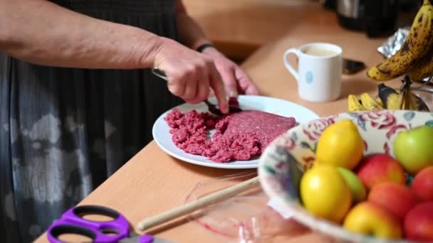 Using Metal Spoon Break Apart Block Minced Beef Plate Top — Stockvideo