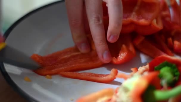 Close Woman Hands Expertly Chopping Red Pepper Healthy Meal — 비디오