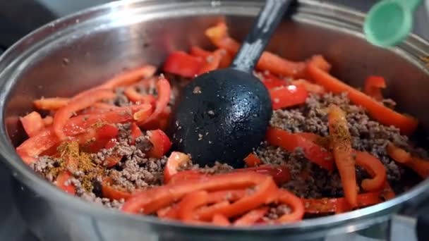 Close Adding Spices Minced Beef Red Peppers Hot Pan — Stockvideo