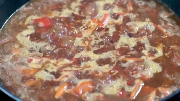 チキンの香ばしい鍋と蒸気が立ち上がる米煮込みのスローモーションのクローズアップ — ストック動画