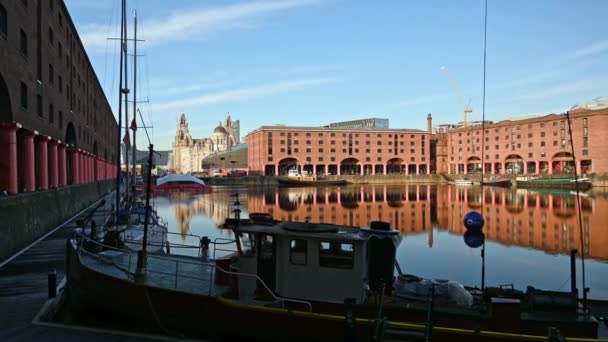 Liverpool November 2019 Közelíts Liver Building Liverpooli Albert Dock Keresztül — Stock videók