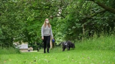 Sarışın bir kadın, tüylü siyah Labradoodle köpeğini korumacı bir maske takarak çimenli bir kır yolunda yürüyüşe çıkarıyor.