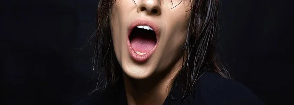 part of face. woman with open Mouth. Beautiful wet Hair Lady
