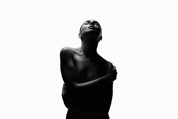 Meztelen Sziluett Gyönyörű Meztelen Testlány Elszigetelt Fekete Fehér Portré — Stock Fotó