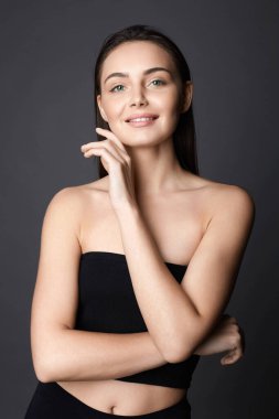 beautiful Happy young woman without Make-up. pretty smiling brunette model girl