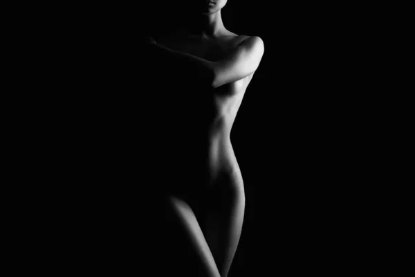 Karanlıkta Çıplak Kadın Silueti Güzel Çıplak Vücut Kızı Siyah Beyaz — Stok fotoğraf