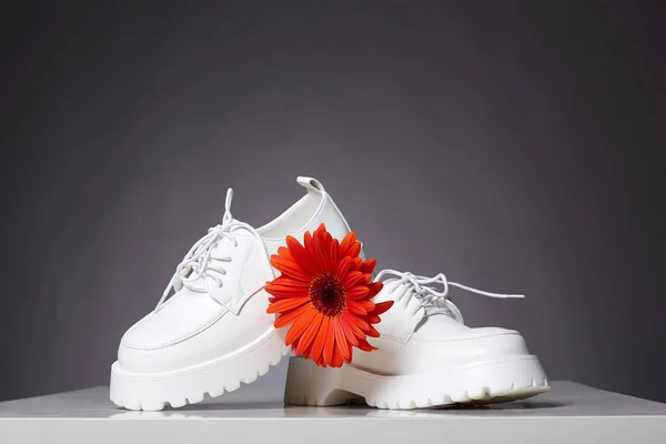 Botas Brancas Com Flor Vermelha Sapatos Moda Ainda Vida Foto — Fotografia de Stock