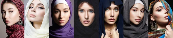 Colagem Bela Jovem Mulher Véu Meninas Beleza Hijab Moda Mulheres — Fotografia de Stock