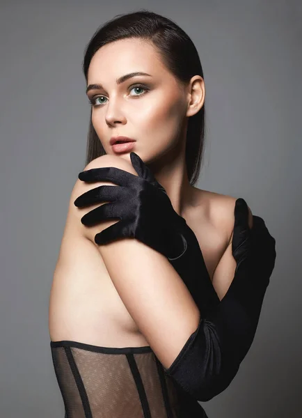 Brunette Girl Gloves Underwear Sensual Sexy Beautiful Young Woman — Fotografia de Stock