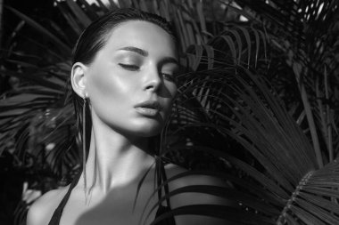 Islak saçlı güzel bir yaz kızı. Palmiye ağacının altında bikinili seksi bir kadın. Siyah ve Beyaz Portre