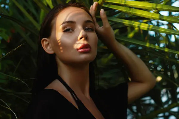 Belle Fille Dans Les Feuilles Palmier Jeune Femme Avec Maquillage Images De Stock Libres De Droits