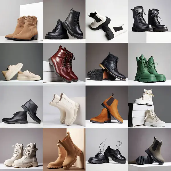 Bottes Tendance Collage Chaussures Mode Nature Morte Stylée Images De Stock Libres De Droits