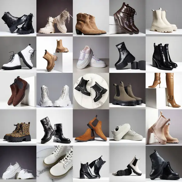 Moda Botlar Moda Ayakkabıları Kolajı Şık Natürmort Stok Fotoğraf
