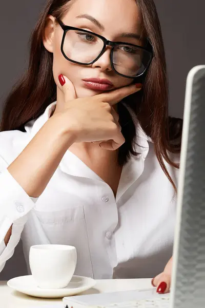 Beautiful Business Woman Glasses Student Girl Laptop Imagem De Stock