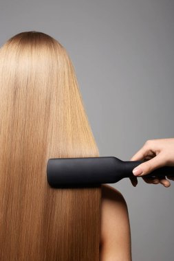 Güzel sarı saçlı kadın. Sağlıklı saçlı bir kızın arkası. Saçlarını ütüyle düzleştir.