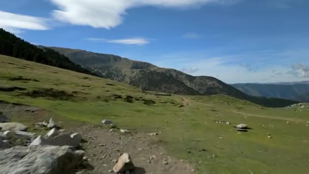 高射炮从岩石和绿草上空低飞向高山 高射向安道尔比利牛斯中部的山谷 高质量的4K镜头 — 图库视频影像