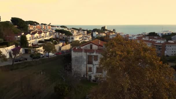 Saco Drones Cinematográficos Sant Pol Mar Vista Ciudad Maresme España — Vídeos de Stock