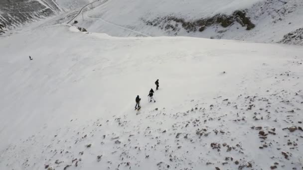 Grupo Personas Con Perro Shiba Inu Sube Montaña Invierno Vista — Vídeos de Stock